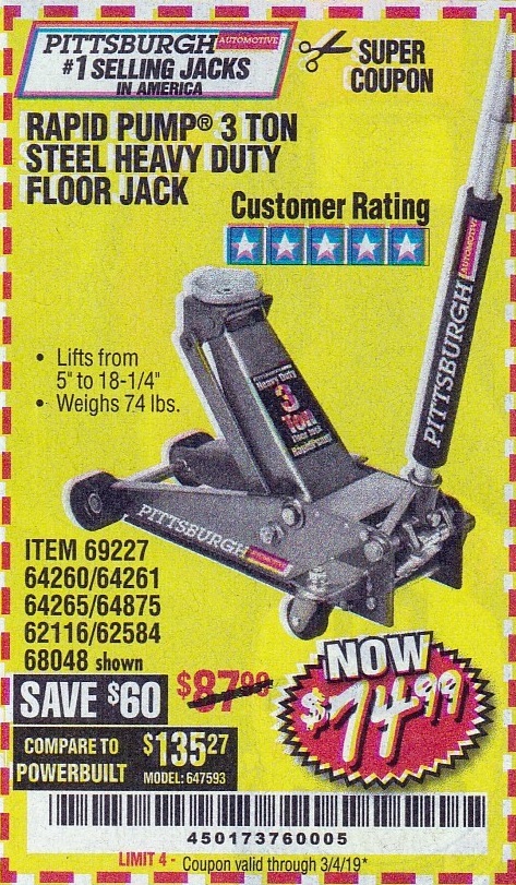 Rapid Pump 3 Ton Steel Heavy Duty Floor Jack Expires 3 4 19