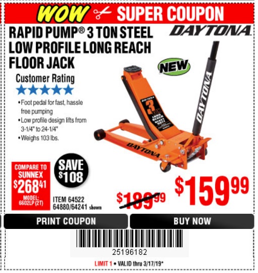 Daytona 3 Ton Steel Low Profile Long Reach Floor Jack