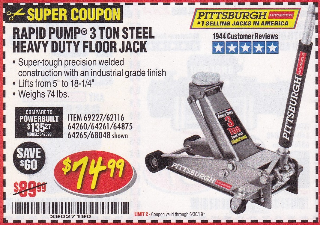 3 Ton Steel Floor Jack Expires 6 30 19 69227 62116 64260