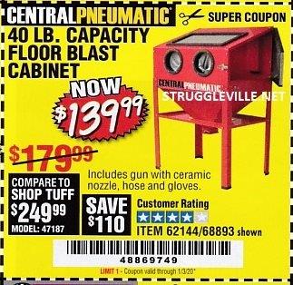 40lb Capacity Floor Blast Cabinet Expires 1 3 20 62144 68893