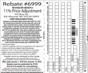 Menards 11% Price Adjustment Rebate #6999 – Purchases 12/24/17-1/6/18