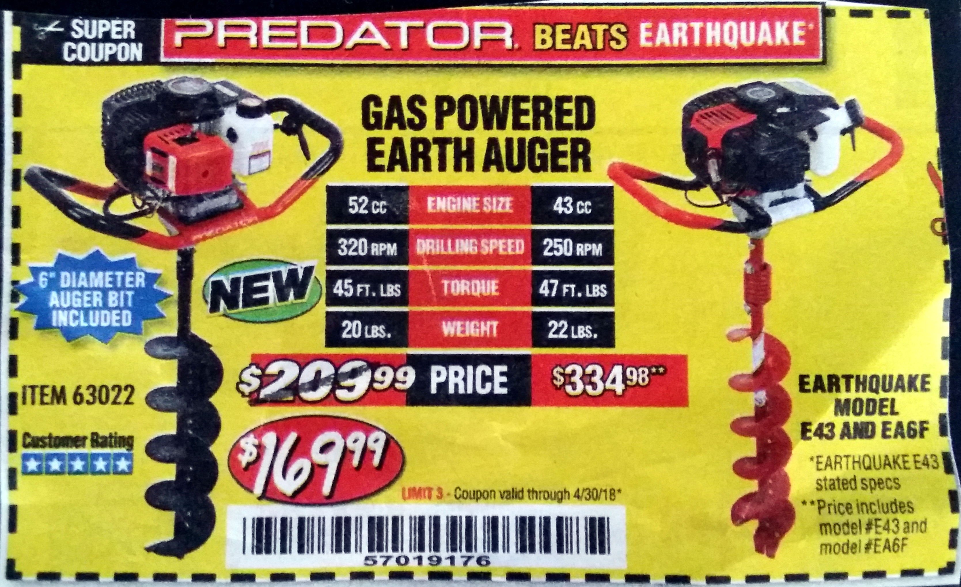 Gas Powered Earth Auger Expires 4/30/18