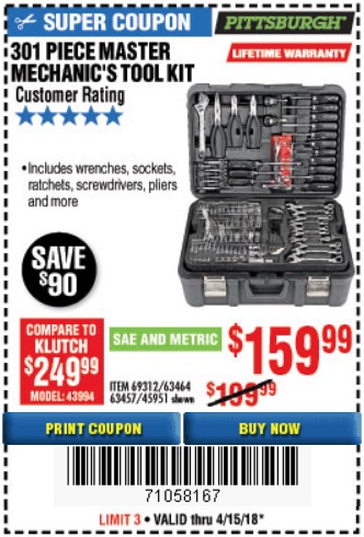 301 Piece Master Mechanic’s Tool Kit – Expires 4/15/18