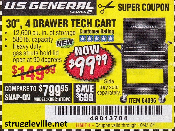 Us General Series 2 30 4 Drawer Tech Cart Expires 10 4 18 64096