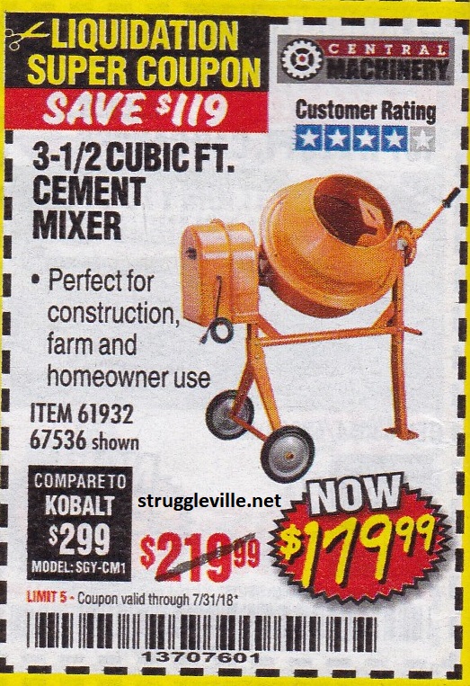 31/2 Cubic Ft. Cement Mixer Expires 7/31/18 61932 67536