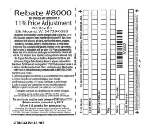 Struggleville Menards 11% Price Adjustment Rebate #8000 – Purchases 6/24/18-7/7/18