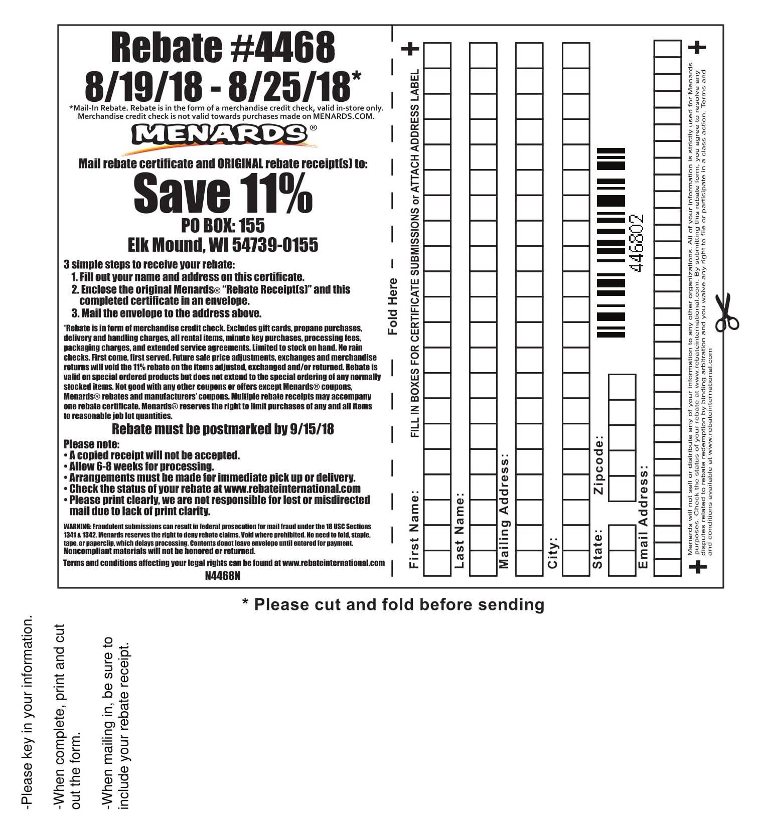 Menards 11% Rebate #4468 - Purchases 8/19/18 - 8/25/18