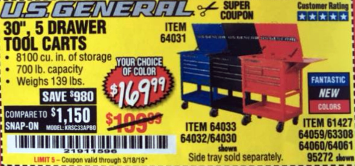 Us General 30 5 Drawer Tool Cart Expires 3 18 19 64033 64032