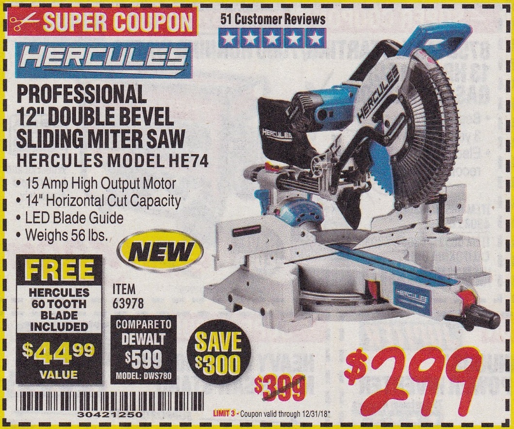 Hercules 12 Sliding Miter Saw Expires 12 31 18 63978   32 