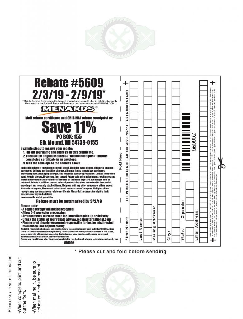 Menards 11% Rebate #5609 – Purchases 2/3/19 – 2/9/19 – Struggleville