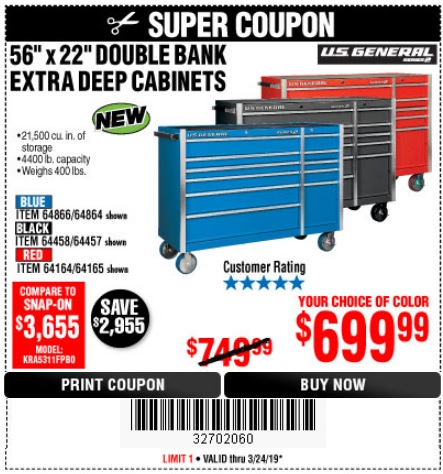 US GENERAL 56″ X 22″ DOUBLE BANK EXTRA DEEP CABINETS – EXPIRES 3/24/19 ...