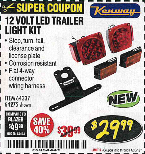 KENWAY 12V LED TRAILER LIGHT KIT – EXPIRES 4/30/19 – 64337 64275 – $29.99