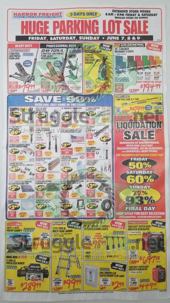 Harbor Freight June parking lot sale ad page 1