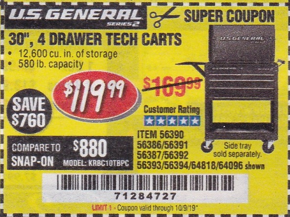 Us General 30 4 Drawer Tech Cart Expires 10 9 19 56390 56386