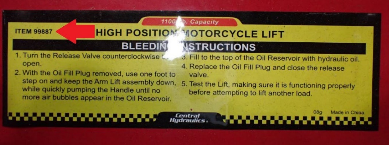 Harbor Freight recalled motor cycle lift label