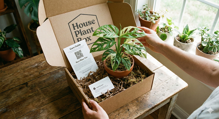 A fresh House Plant Box delivery unboxed on a wooden table.