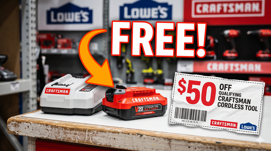 CRAFTSMAN V20 Lithium Ion Battery and Charger next to a $50 discount coupon